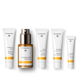 Dr. Hauschka Rose gift set with five skincare products on a white background.