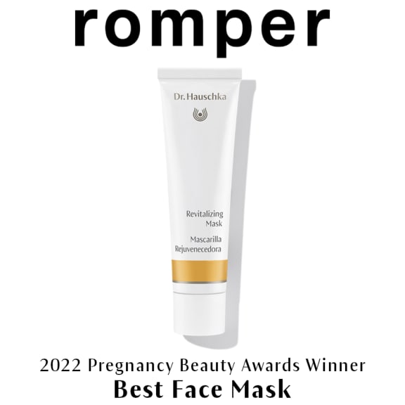Dr. Hauschka Revitalizing Mask tube with Romper and 2022 Pregnancy Beauty Awards Winner text.