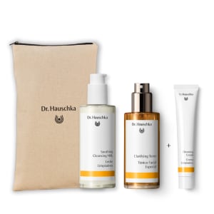 Dr. Hauschka cleansing gift set: bag, Soothing Cleansing Milk, Clarifying Toner and Cleansing Cream.