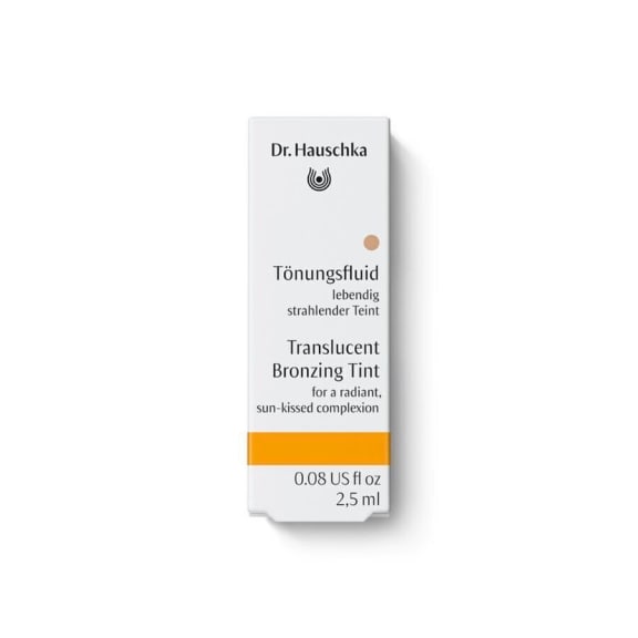 Front view of a Dr. Hauschka Translucent Bronzing Tint box on a white background., translucent tint, bronzing tint, makeup, tint, peach orange shade