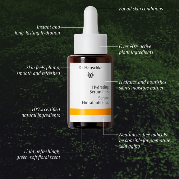 Dr. Hauschka Hydrating Serum Plus bottle with dropper, surrounded by labels highlighting hydration and skin benefits.