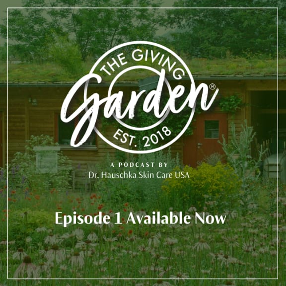 Podcast cover for The Giving Garden, showing a garden house with flowers and the text 'Episode 1 Available Now'.