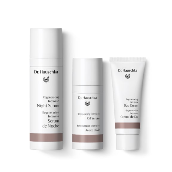 Three Dr. Hauschka skincare products: Night Serum, Oil Serum and Day Cream on a white background.