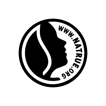 Black-and-white NATRUE logo in a circle, showing a stylised female profile with the text www.natrue.org.