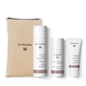 Dr. Hauschka gift set with canvas bag, Night Serum, Oil Serum and Day Cream on white background.