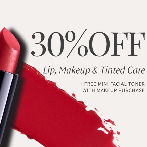 Red lipstick and smear with text: 30% off lip, makeup and tinted care, plus free mini facial toner.