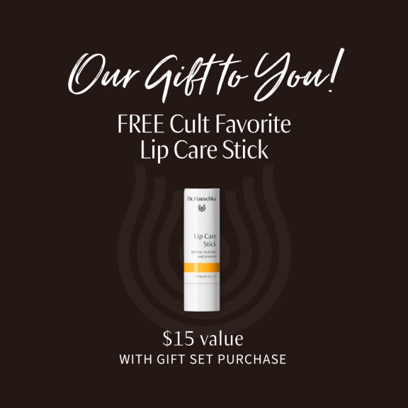 Promotional graphic for a free cult-favourite lip care stick gift with gift set purchase, showing the product and $15 value.