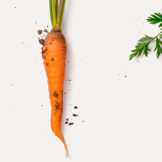 Single freshly dug carrot with soil crumbs on a white background, with green leaves peeking in from the right.