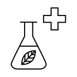 Black outline icon of a laboratory flask with a leaf and a medical cross.