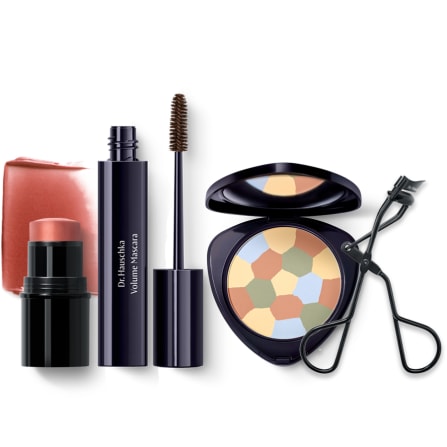 Blushing glow makeup set with lash curler.
