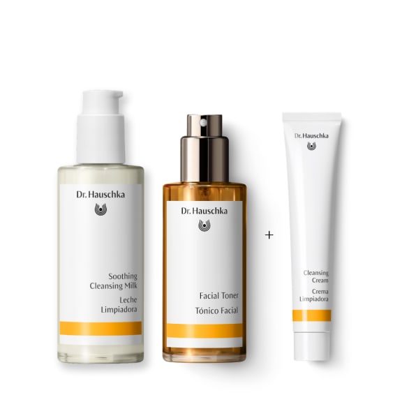 Three Dr. Hauschka skincare products on a white background: cleansing milk, facial toner and cleansing cream.