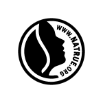 Black-and-white NATURUE logo in a circle, with a face profile and leaf motif, and the website text around it.