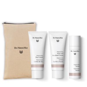 Dr. Hauschka gift set with beige pouch, Regenerating Day Cream, Neck and Décolleté Cream, and Serum tubes.