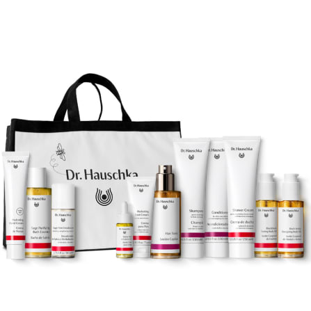 Dr. Hauschka at-home spa bundle with tote bag and assorted skincare, haircare and body products.