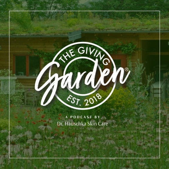 Podcast cover for The Giving Garden, showing a lush garden in front of a wooden house with white logo text.