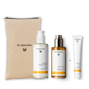 Dr. Hauschka cleanse-and-tone gift set with pouch, cleansing milk, facial toner and cleansing cream.