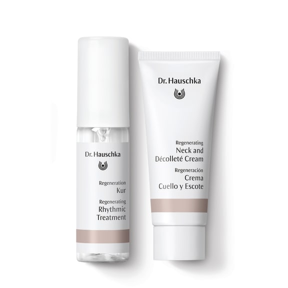 Two Dr. Hauschka regenerating skincare products on a white background: a treatment bottle and a neck and décolleté cream tube.