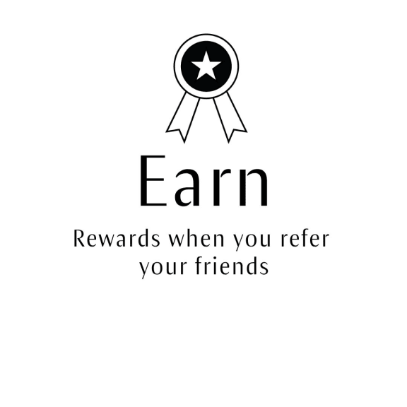 Black-and-white badge icon with star ribbon above the words “Earn rewards when you refer your friends”.