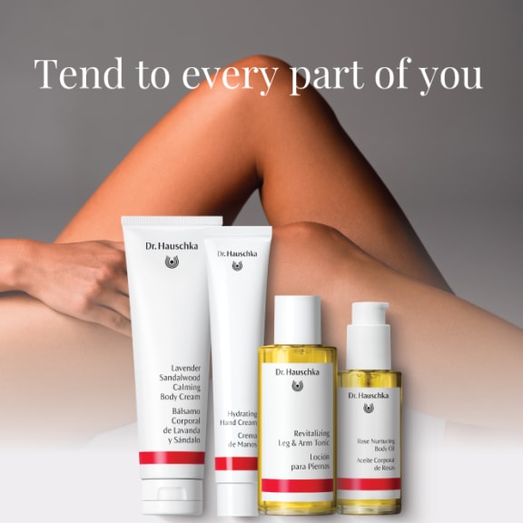 Dr. Hauschka body care products with the slogan 'Tend to every part of you' over a reclining model.
