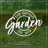 Podcast cover for The Giving Garden with a garden and house background, white logo, and Dr. Hauschka Skin Care credit.