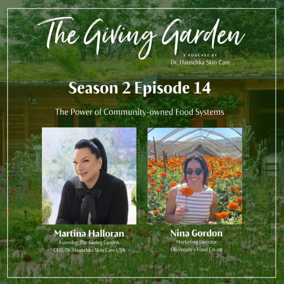Podcast cover for The Giving Garden, Season 2 Episode 14, with two guest portraits over a garden backdrop.