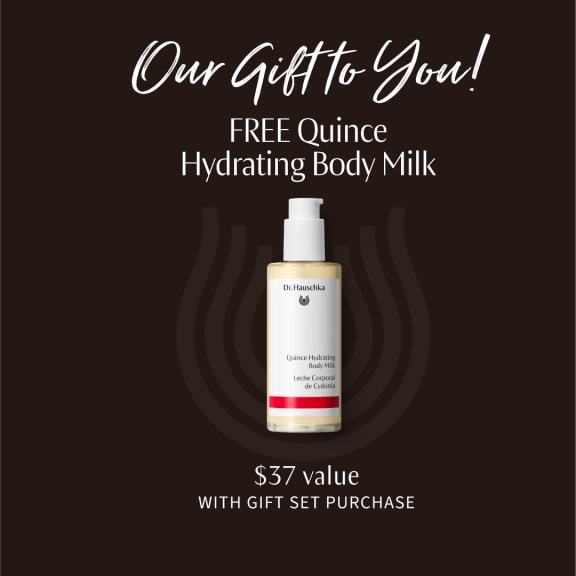Promotional graphic offering a free Quince Hydrating Body Milk worth $37 with gift set purchase.