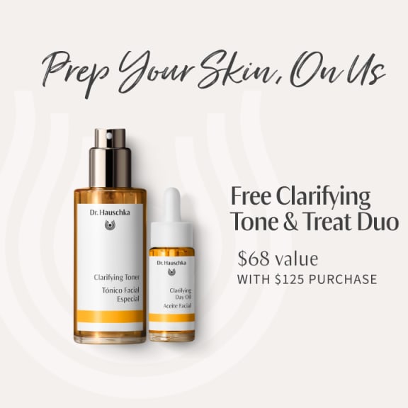Promotional graphic for Dr. Hauschka: Clarifying Tone & Treat Duo, with two skincare bottles and offer text.