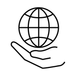 Black line icon of a hand holding a globe, suggesting sustainability and global care.