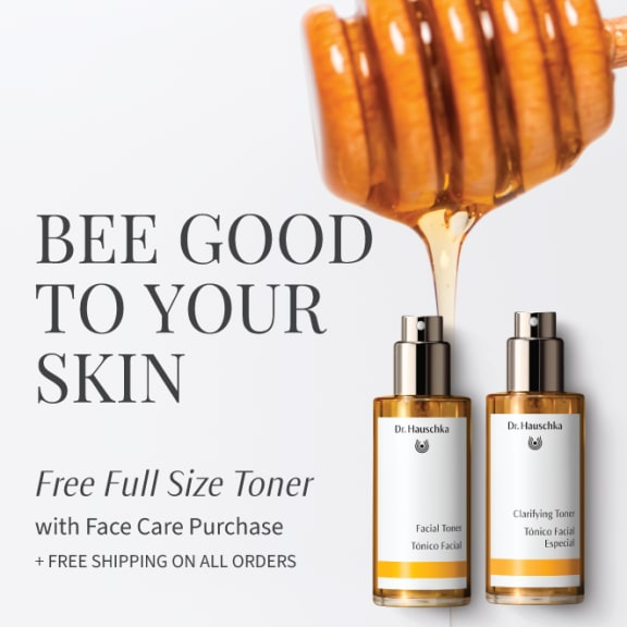 Honey drizzles from a honey dipper above two Dr. Hauschka toner bottles with the text 'Bee good to your skin' and free toner offer.