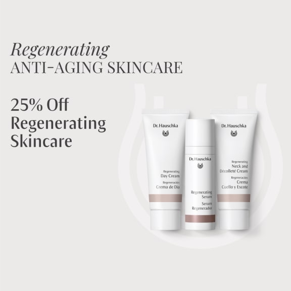 Promotional banner for Dr. Hauschka regenerating anti-aging skincare, with 25% off and three product tubes.