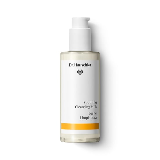 Dr. Hauschka Soothing Cleansing Milk pump bottle on white background.