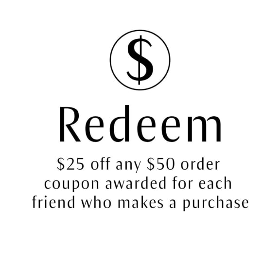 Black dollar sign icon above the word ‘Redeem’ and text: ‘$25 off any $50 order’ for each friend purchase.