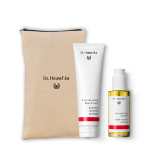 Dr. Hauschka Rose Nurturing body care gift set: pouch, body cream and body oil.