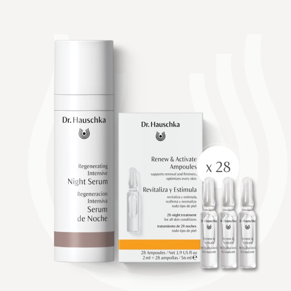 Dr. Hauschka Night Serum and Renew & Activate Ampoules set, with 28 ampoules displayed on a white background.