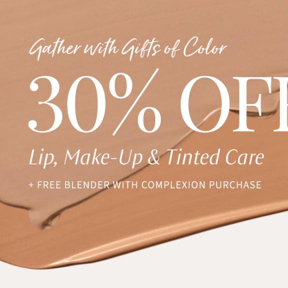 Promotional banner: 30% off lip, makeup and tinted care, plus a free blender with complexion purchase.