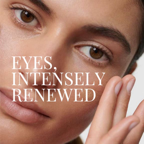 Close-up of a woman's face with text reading 'EYES, INTENSELY RENEWED'.