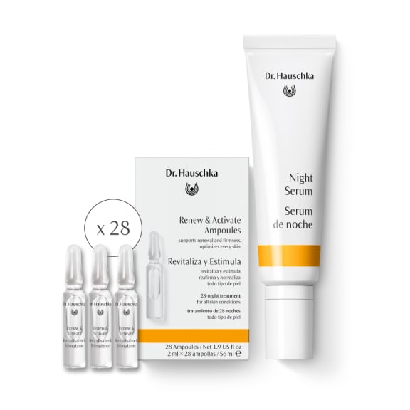 Dr. Hauschka night serum and 28 ampoules set on a white background.