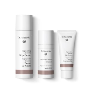 Three Dr. Hauschka skincare products: Night Serum, Oil Serum and Day Cream on a white background.