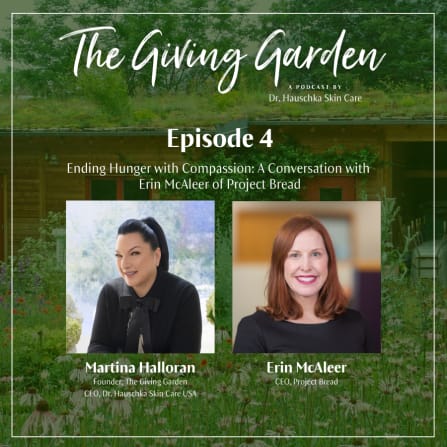 Podcast promo for The Giving Garden, Episode 4, with portraits of Martina Halloran and Erin McAleer over a garden backdrop.